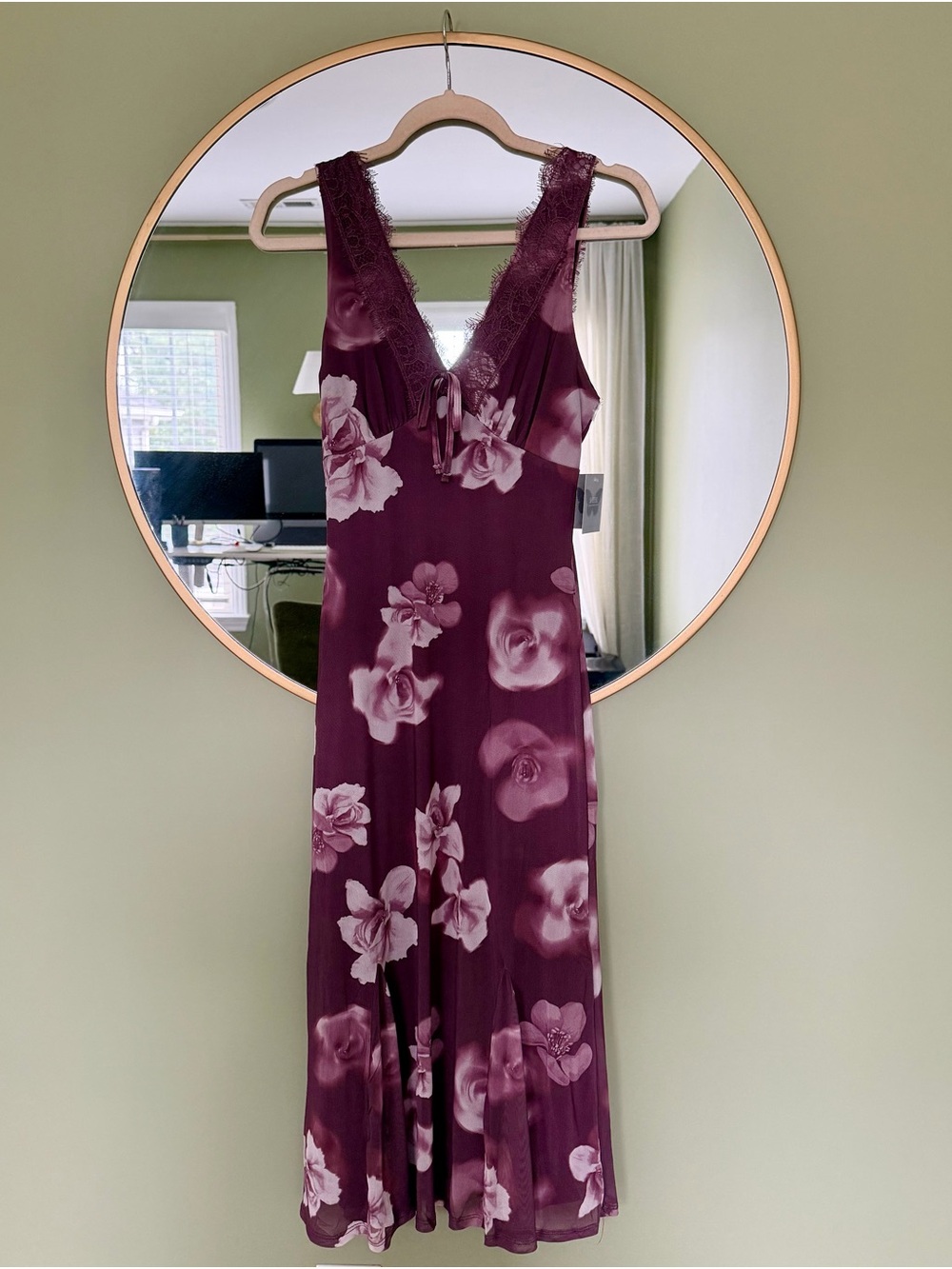 Floral Lace-Trim Midi Dress in Plum